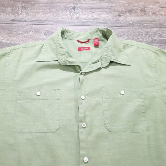 Izod Mens Large Short Sleeve Shirt Office Casual Dress Green Vacation Sport - Picture 6 of 9